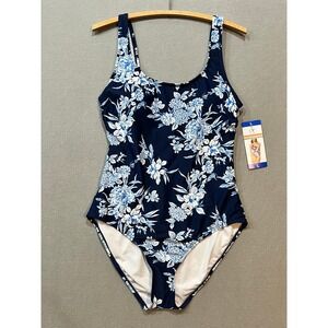 NWT OP One-piece Swimsuit‎ Blue White Floral Size L